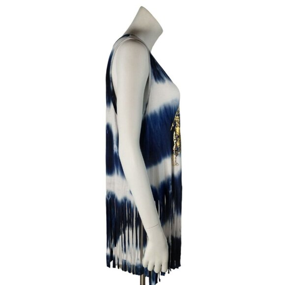 Gemstone Womens 1X Blue Gold Elephant Graphic Lightweight Fringe Tank Top New - Picture 5 of 9